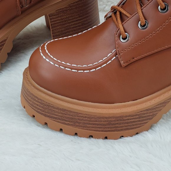 Light Weight Tan Wood Look Chunky Platform Combat Boots Stamp - Picture 5 of 12